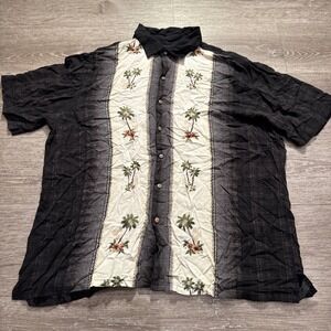Batik Bay Shirt Men XL Black White Rayon Tropical Palm Tree Hawaiian Camp Button